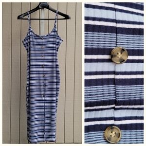 Bodycon Adjustable Spaghetti Strap Striped Blue & White Faux Button-Down Dress